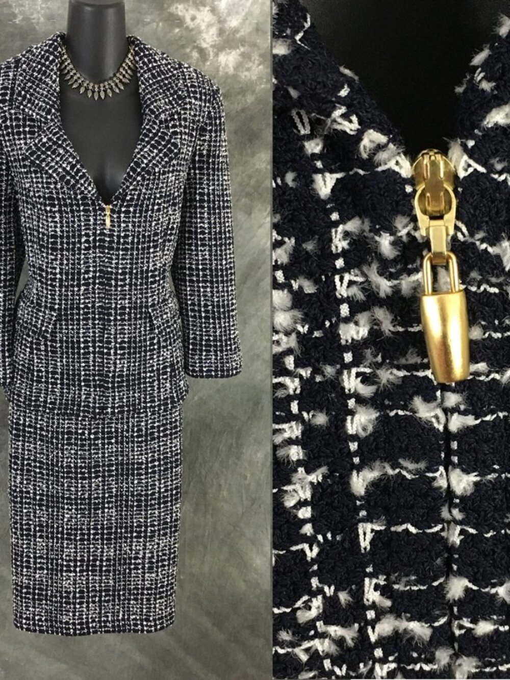BEAUTIFUL st john knit blue white multi jacket skirt suit size 10 12